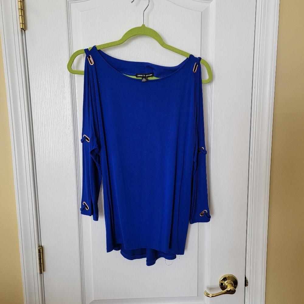 Cable & Gauge Royal Blue Cold Shoulder Blouse 3/4 Sleeve Top